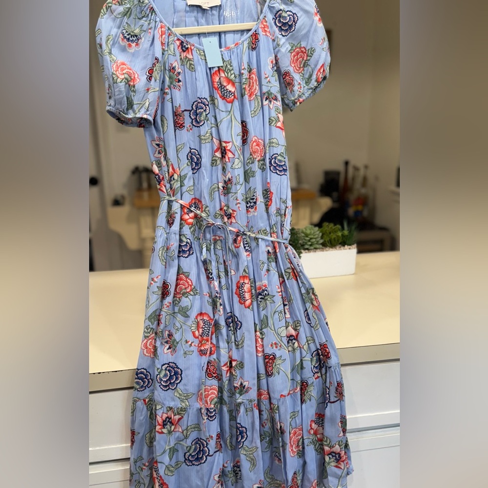 Loft Floral Blue Dress with Puff Sleeves